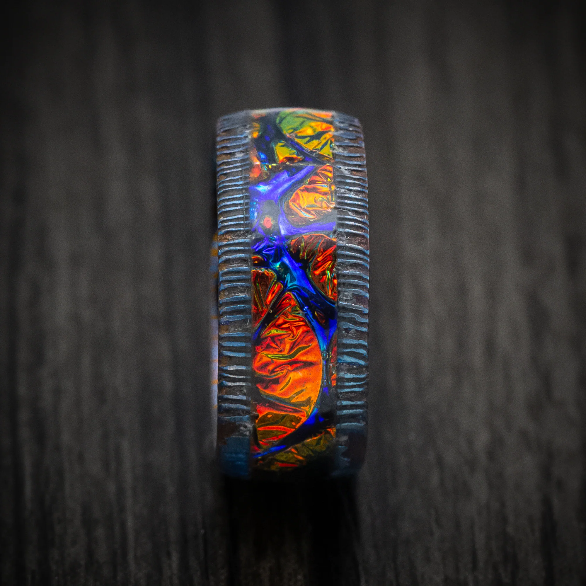 Kuro-Ti Heat-Treated Titanium Damascus and Dichrolam Inlay Men's Ring Custom Made Band - Image 3