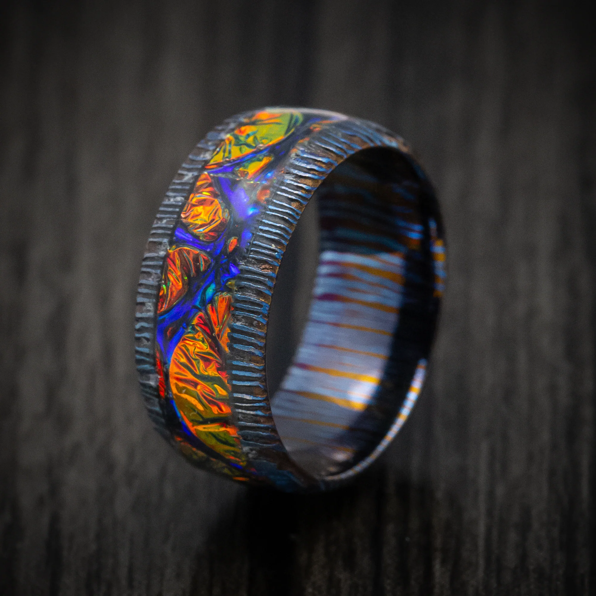 Kuro-Ti Heat-Treated Titanium Damascus and Dichrolam Inlay Men's Ring Custom Made Band - Image 4