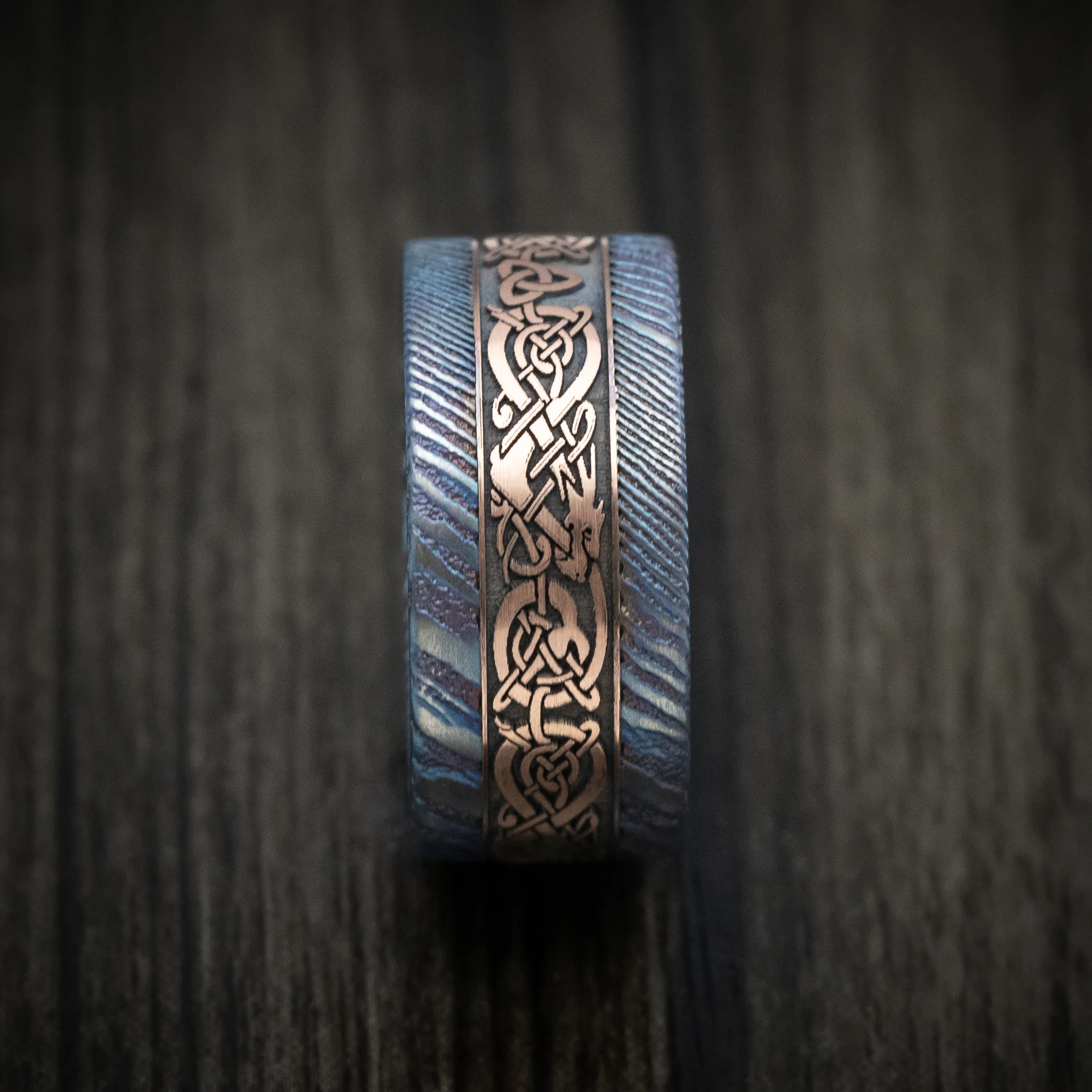 Kuro-Ti Heat-Treated Titanium Damascus and Gold Celtic Dragon Custom Men's Ring - Image 3