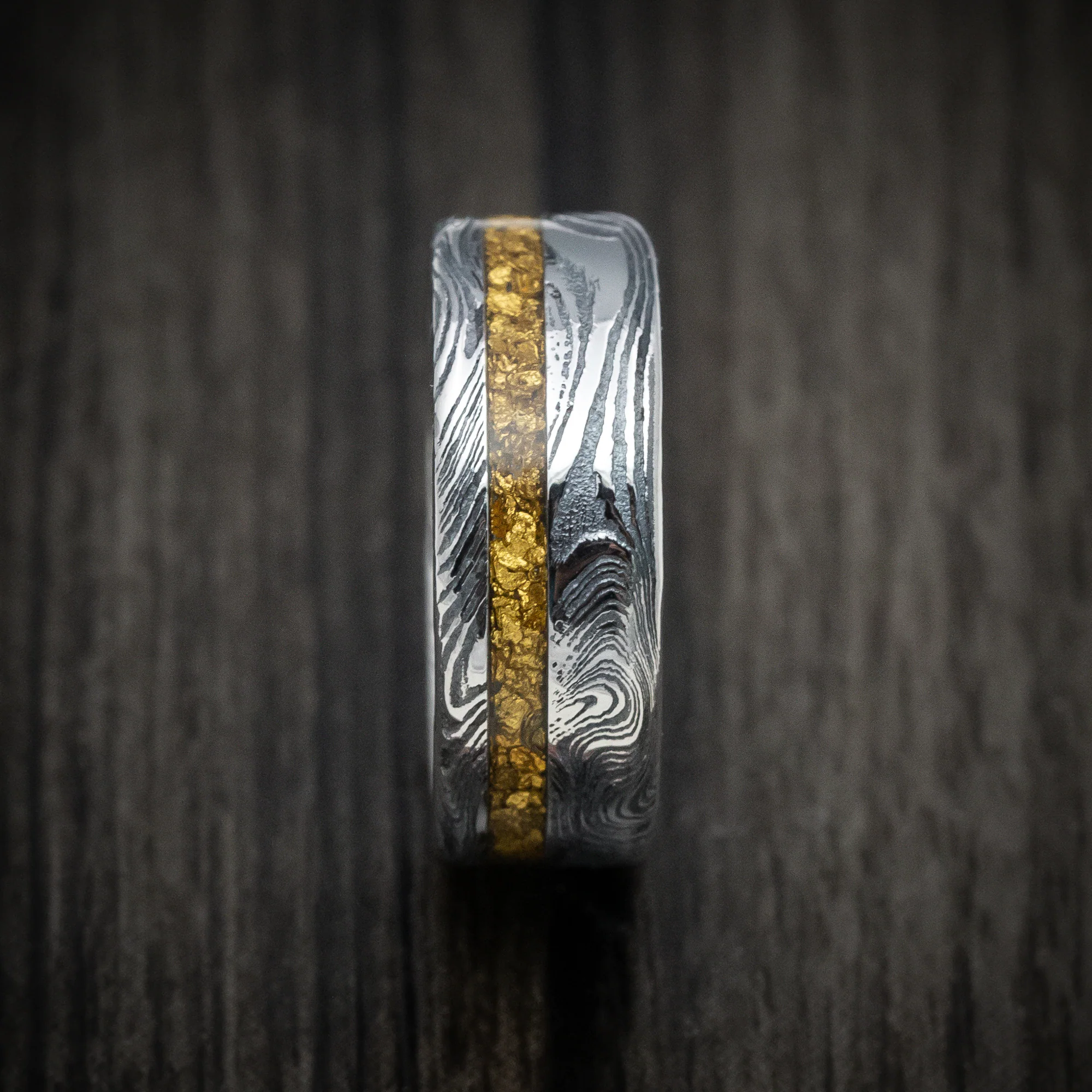 Marble Kuro Damascus Steel and 24K Raw Gold Nugget Men's Ring Custom Made Band - Image 3