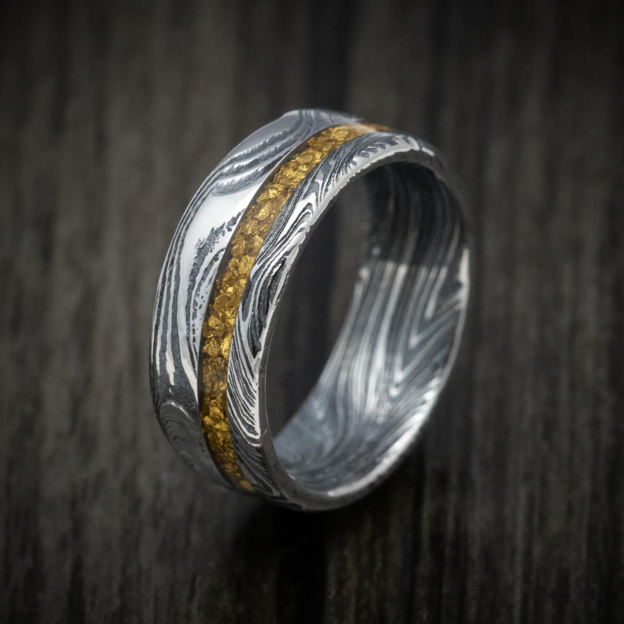 Marble Kuro Damascus Steel and 24K Raw Gold Nugget Men's Ring Custom Made Band - Image 4