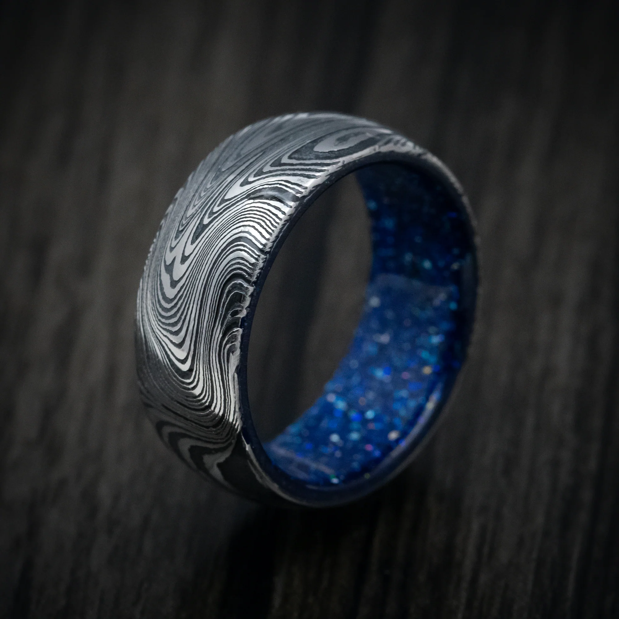 Marble Kuro Damascus Steel and DiamondCast Sleeve Men's Ring Custom Made - Image 5