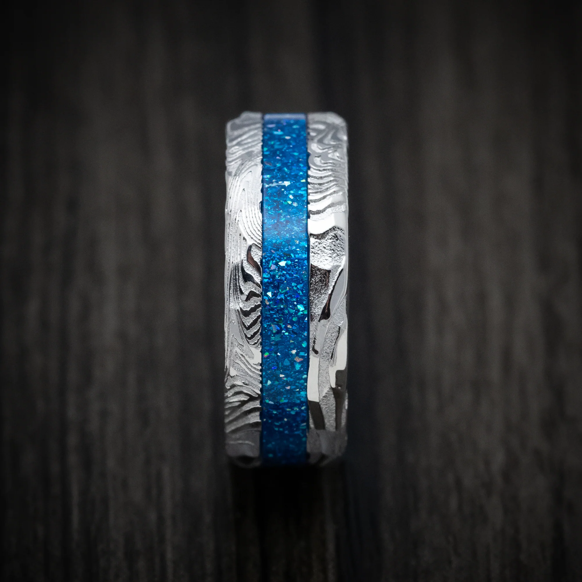 Sunset Kuro Damascus Steel and DiamondCast Inlay Men's Ring Custom Made - Image 3