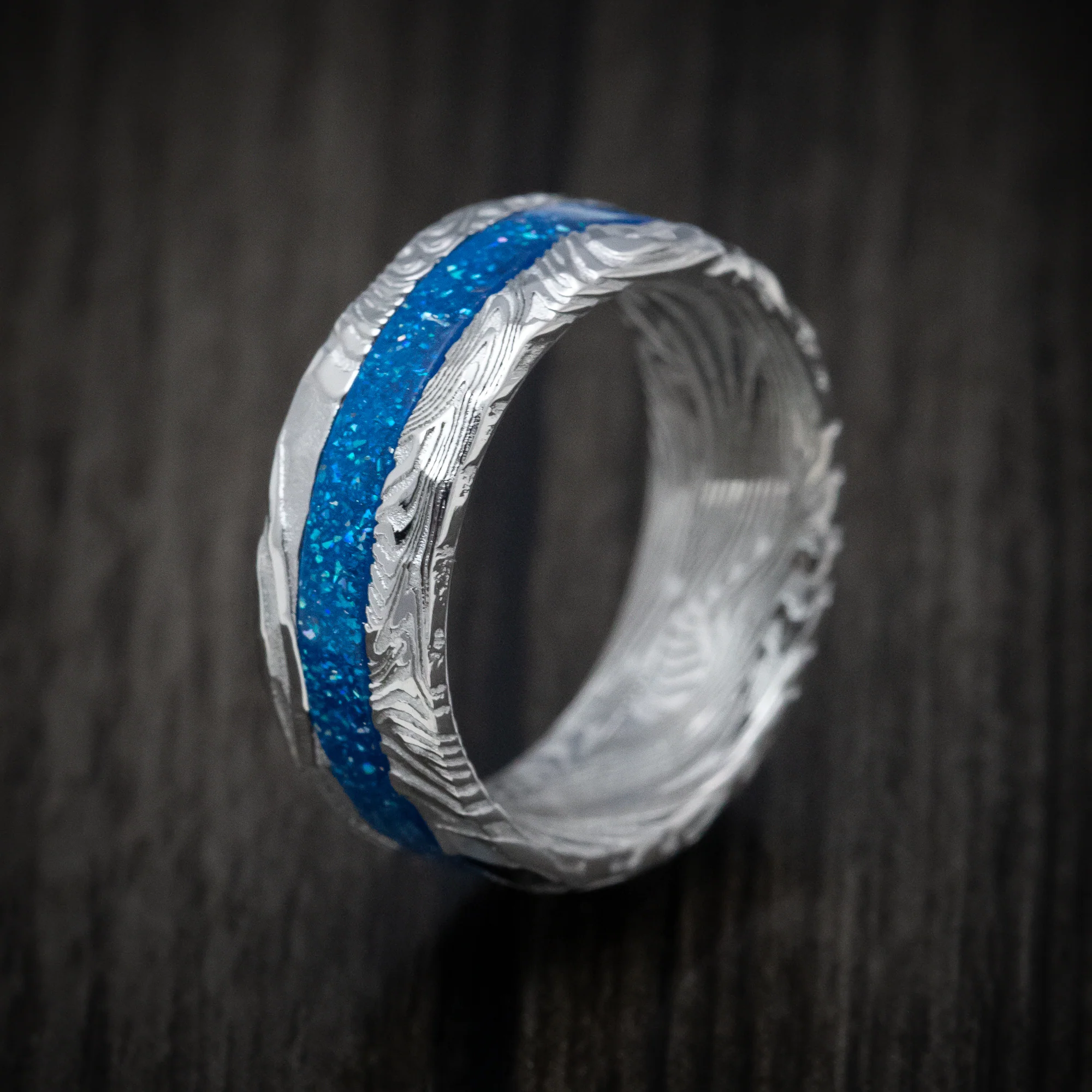Sunset Kuro Damascus Steel and DiamondCast Inlay Men's Ring Custom Made - Image 4