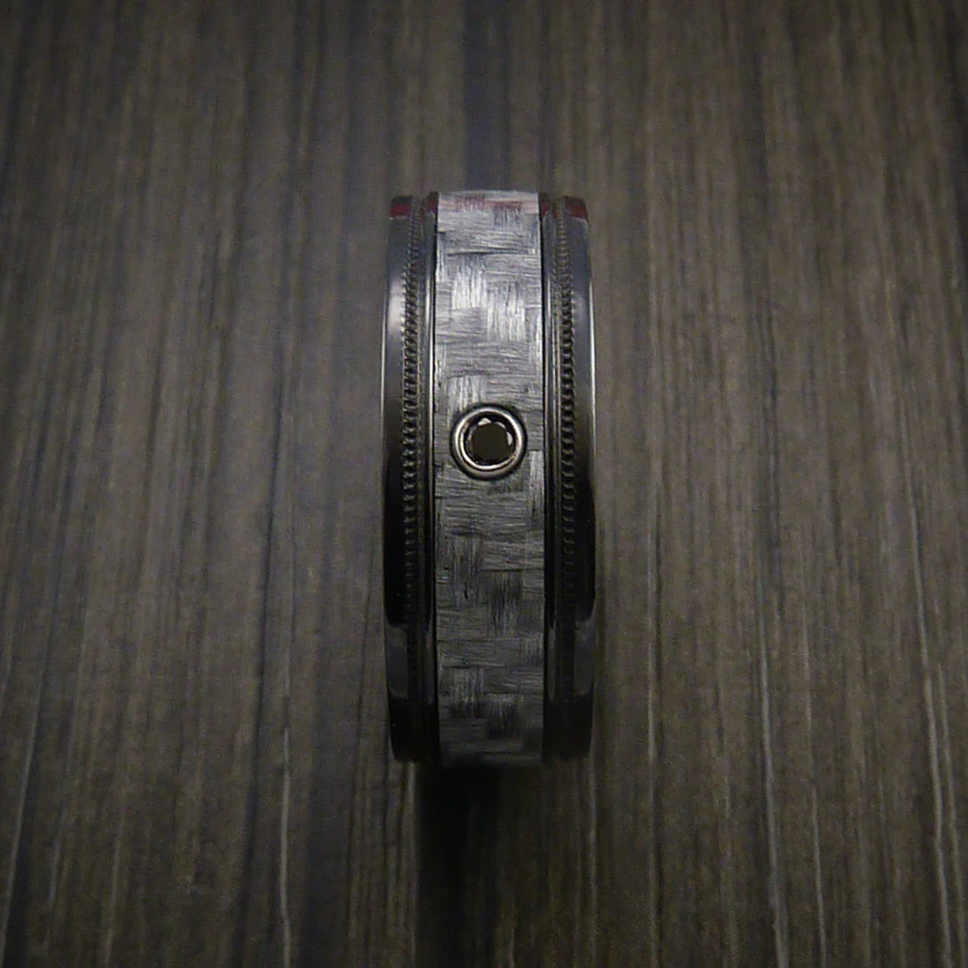 Black Zirconium Men's Ring with a Black Diamond and Carbon Fiber Inlay Custom Made Wedding Band - Image 3