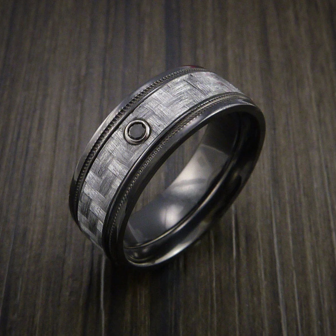 Black Zirconium Men's Ring with a Black Diamond and Carbon Fiber Inlay Custom Made Wedding Band - Image 4