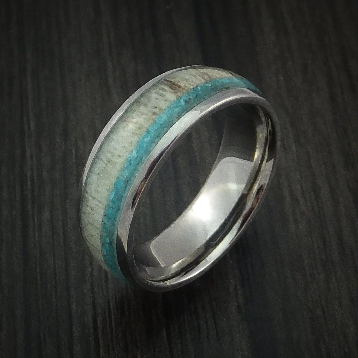 Titanium and Antler Men's Ring with Turquoise Custom Made Men's Ring - Image 4