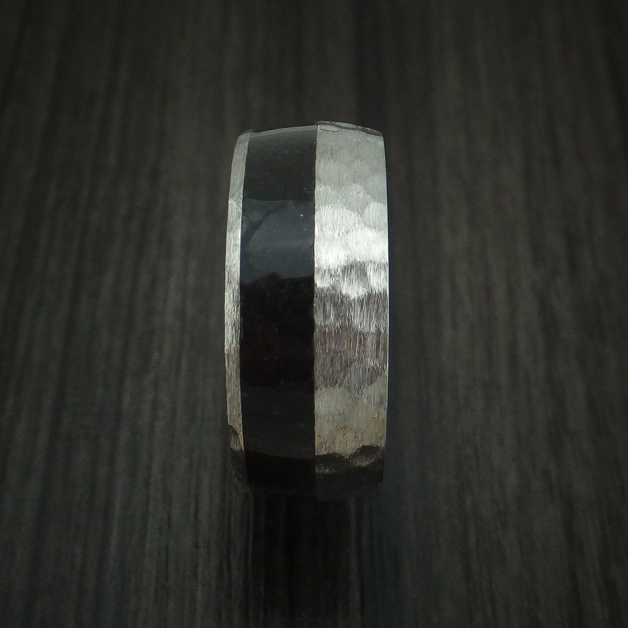 Titanium and Black Dinosaur Bone Hammered Men's Ring Custom Made Fossil Band - Image 3