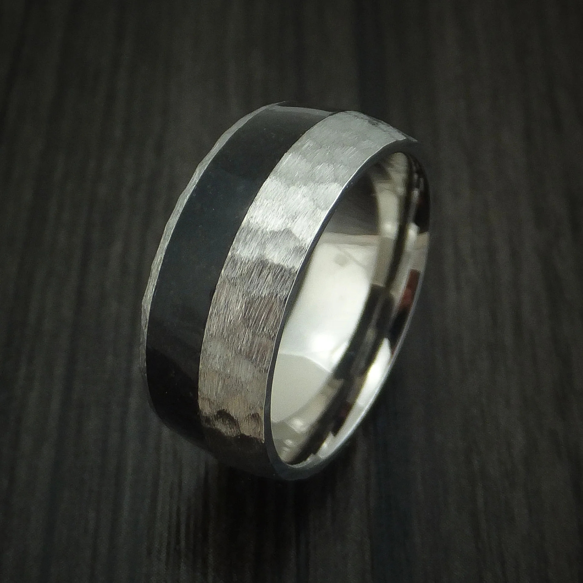 Titanium and Black Dinosaur Bone Hammered Men's Ring Custom Made Fossil Band - Image 4
