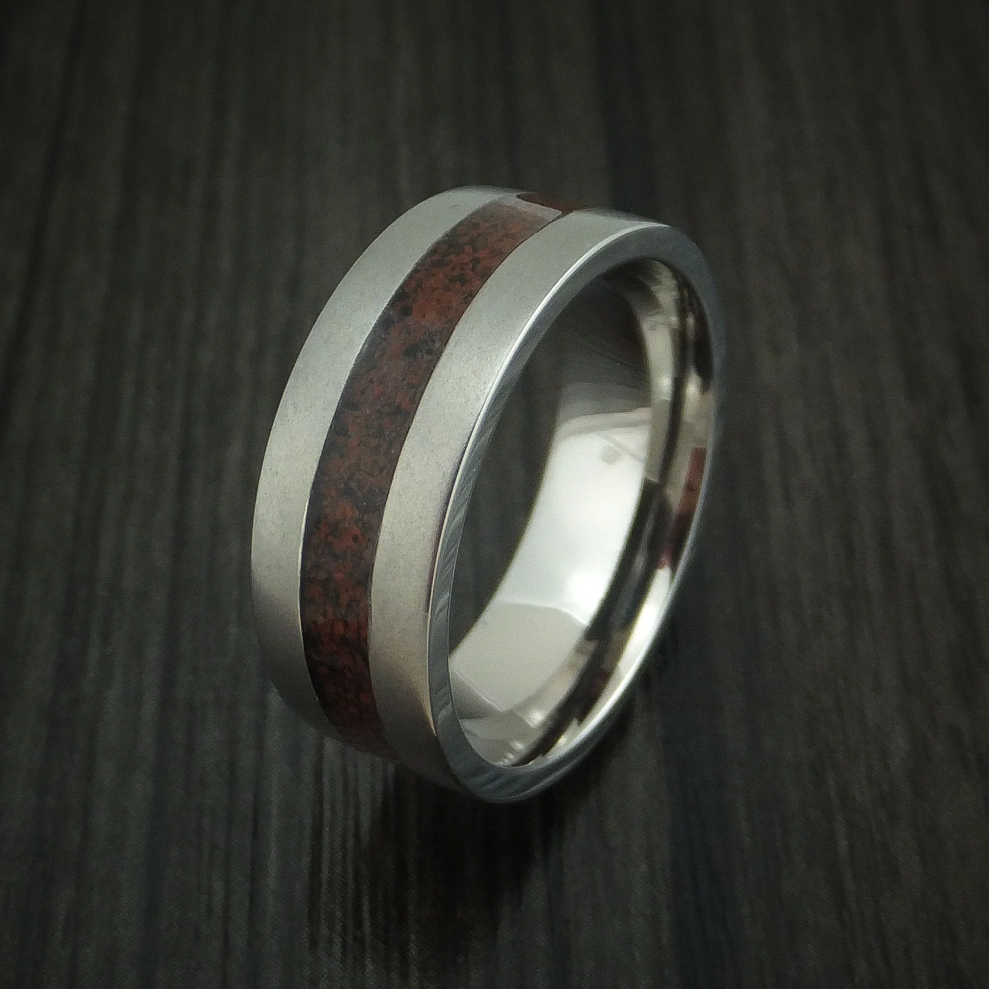 Titanium and Red Dinosaur Bone Men's Ring Custom Made Fossil Band - Image 4