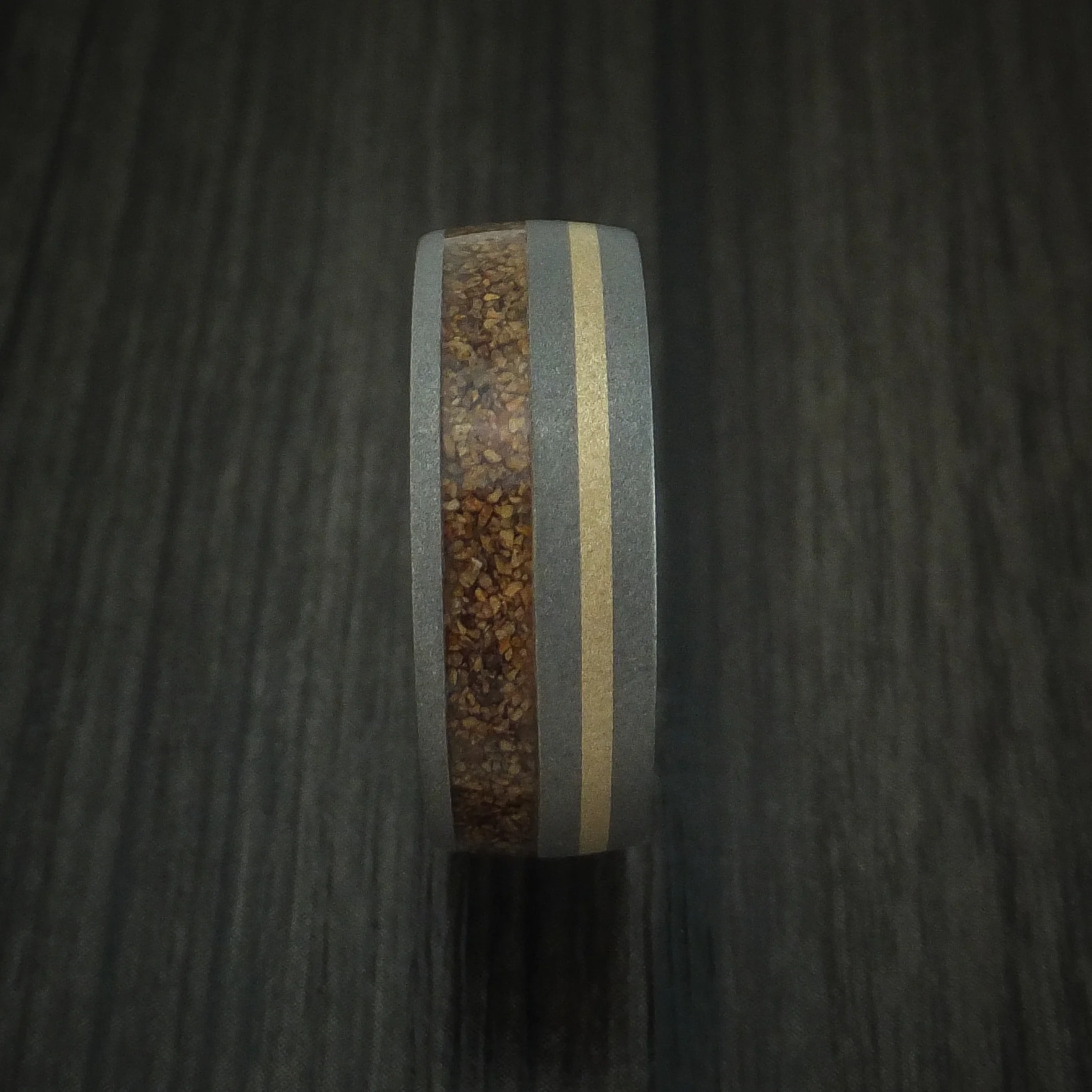 Titanium and Tan Dinosaur Bone Men's Ring with 14K Yellow Gold Custom Made Fossil Band - Image 3