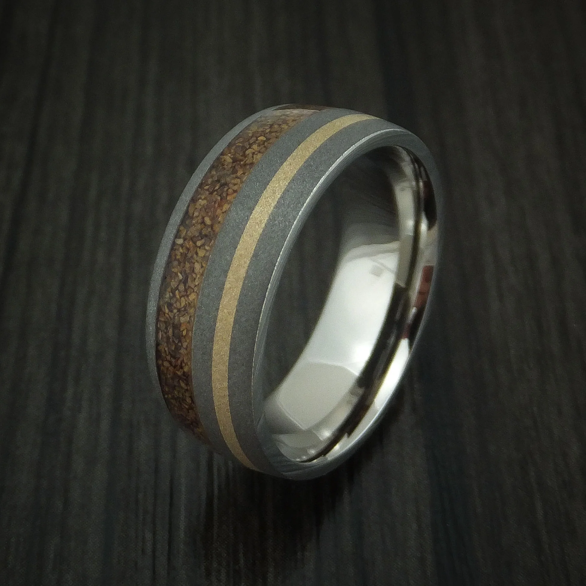Titanium and Tan Dinosaur Bone Men's Ring with 14K Yellow Gold Custom Made Fossil Band - Image 4