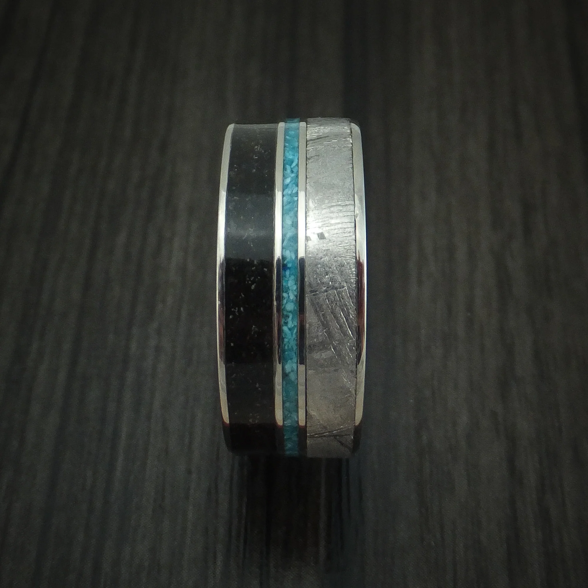 Titanium Black Dinosaur Bone and Gibeon Meteorite Men's Ring with Turquoise Inlay Custom Made Fossil Band - Image 3