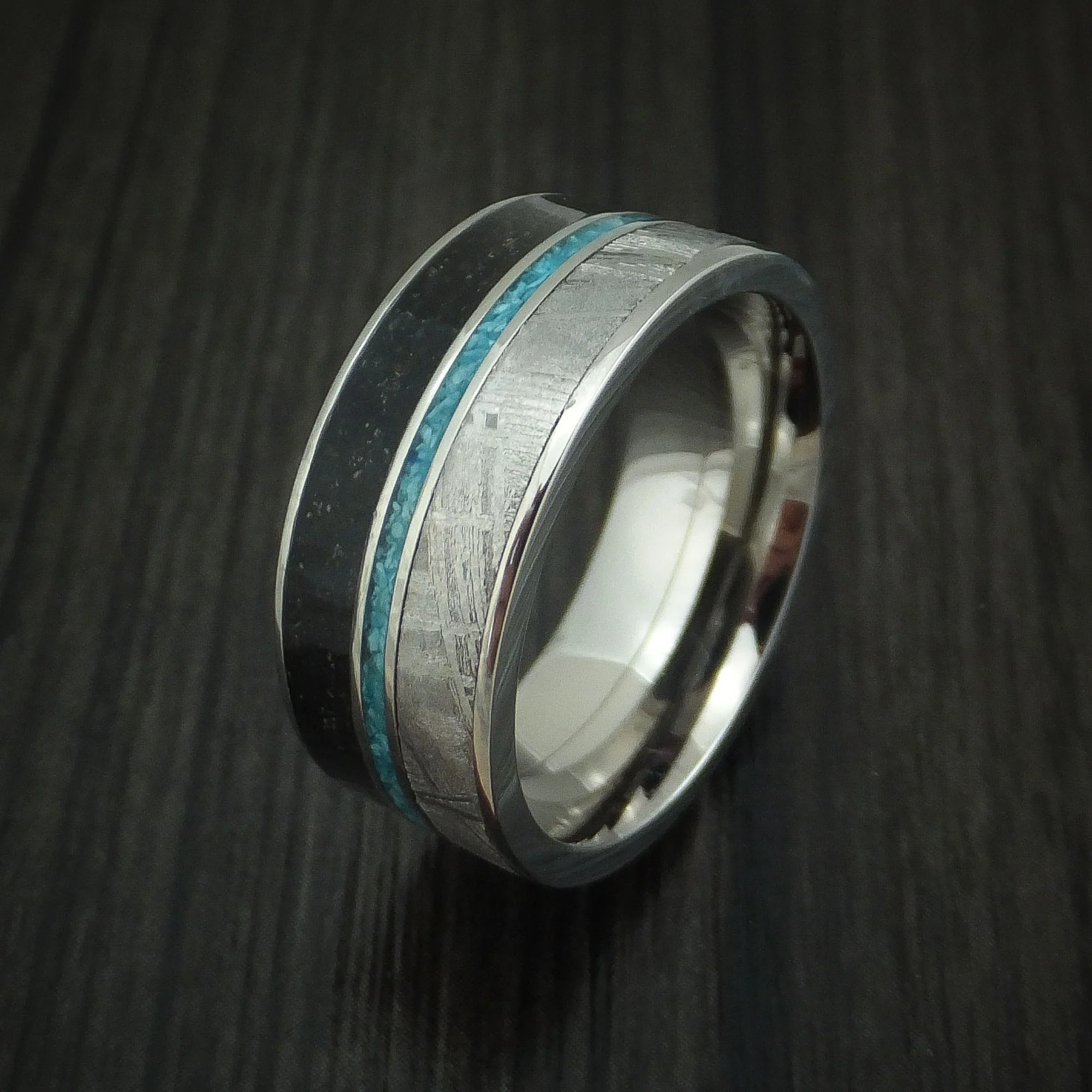 Titanium Black Dinosaur Bone and Gibeon Meteorite Men's Ring with Turquoise Inlay Custom Made Fossil Band - Image 4