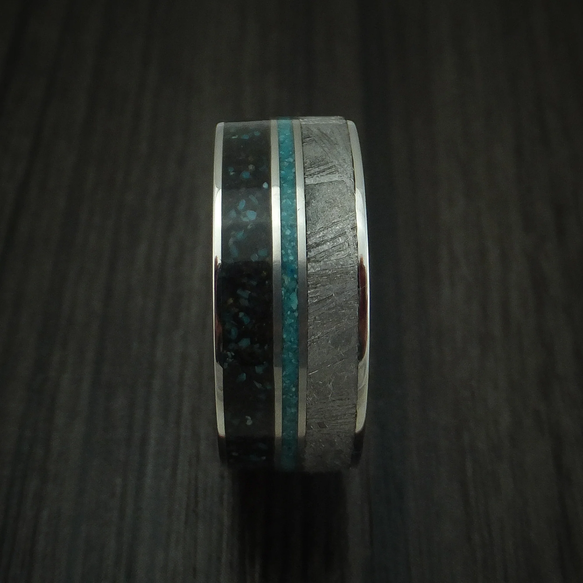 Titanium Black Dinosaur Bone with Turquoise And Gibeon Meteorite Men's Ring Custom Made Fossil Band - Image 3