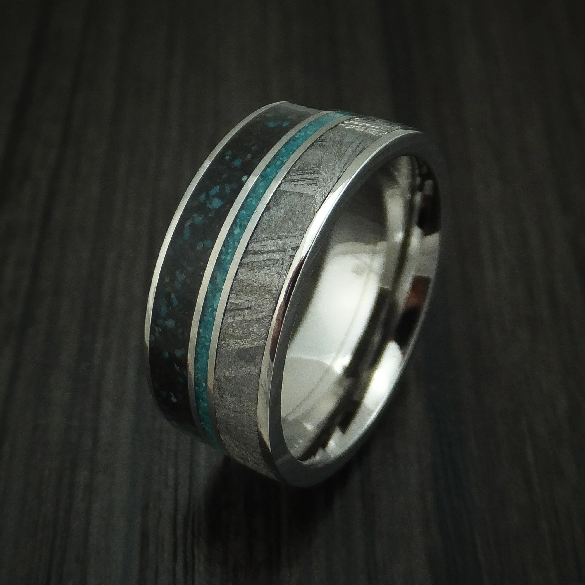 Titanium Black Dinosaur Bone with Turquoise And Gibeon Meteorite Men's Ring Custom Made Fossil Band - Image 4