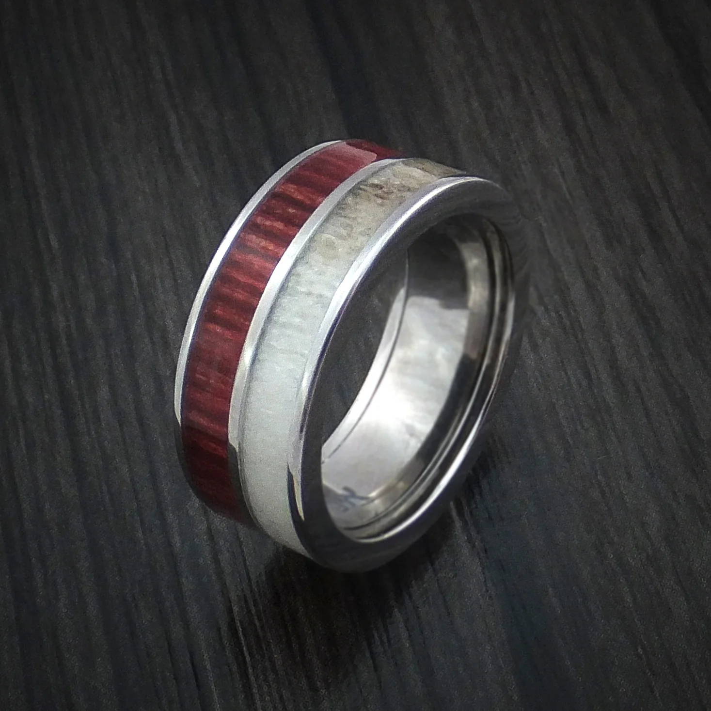 Titanium Men's Ring with Red Heart Wood and Antler Inlays Custom Made - Image 3