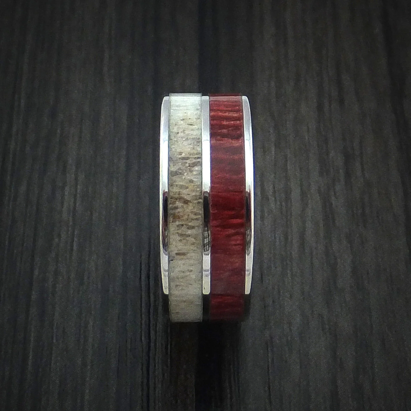 Titanium Men's Ring with Red Heart Wood and Antler Inlays Custom Made - Image 4