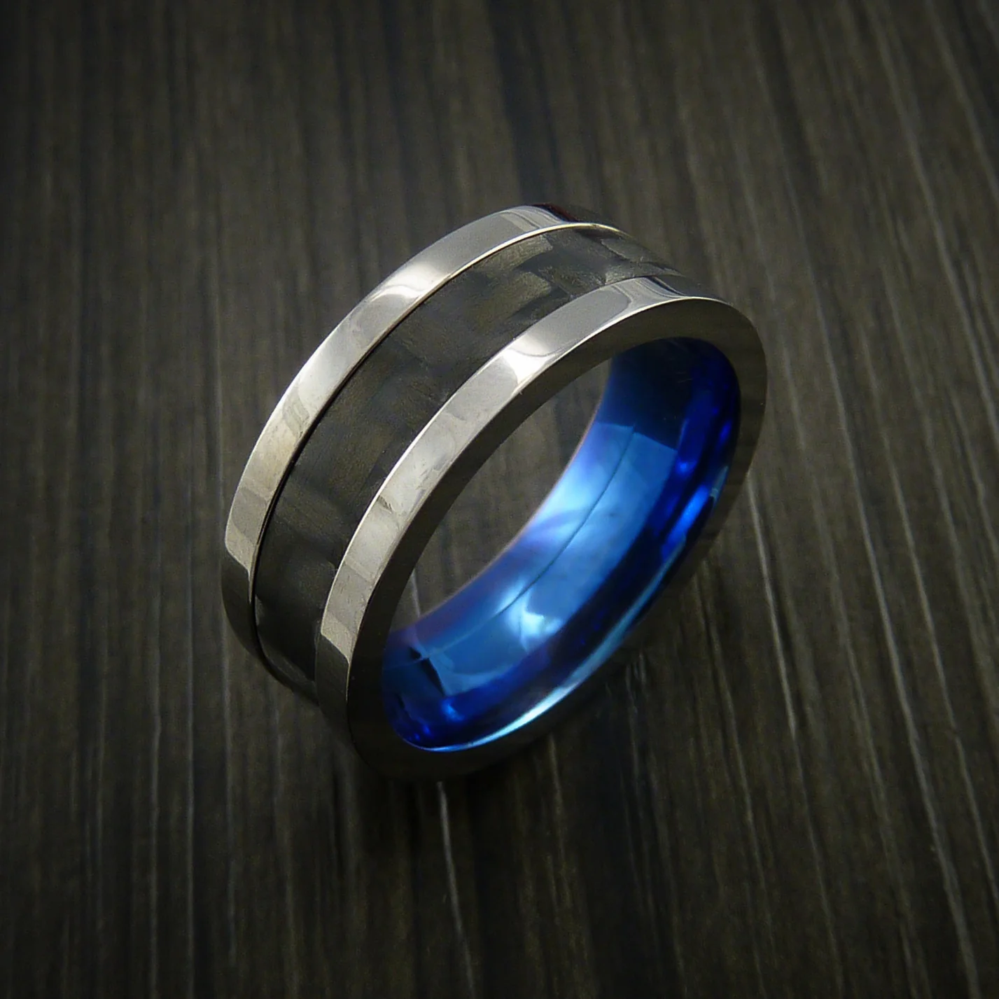 Titanium Men's Ring with Carbon Fiber Inlay with Weave Pattern and Anodized Interior - Image 3