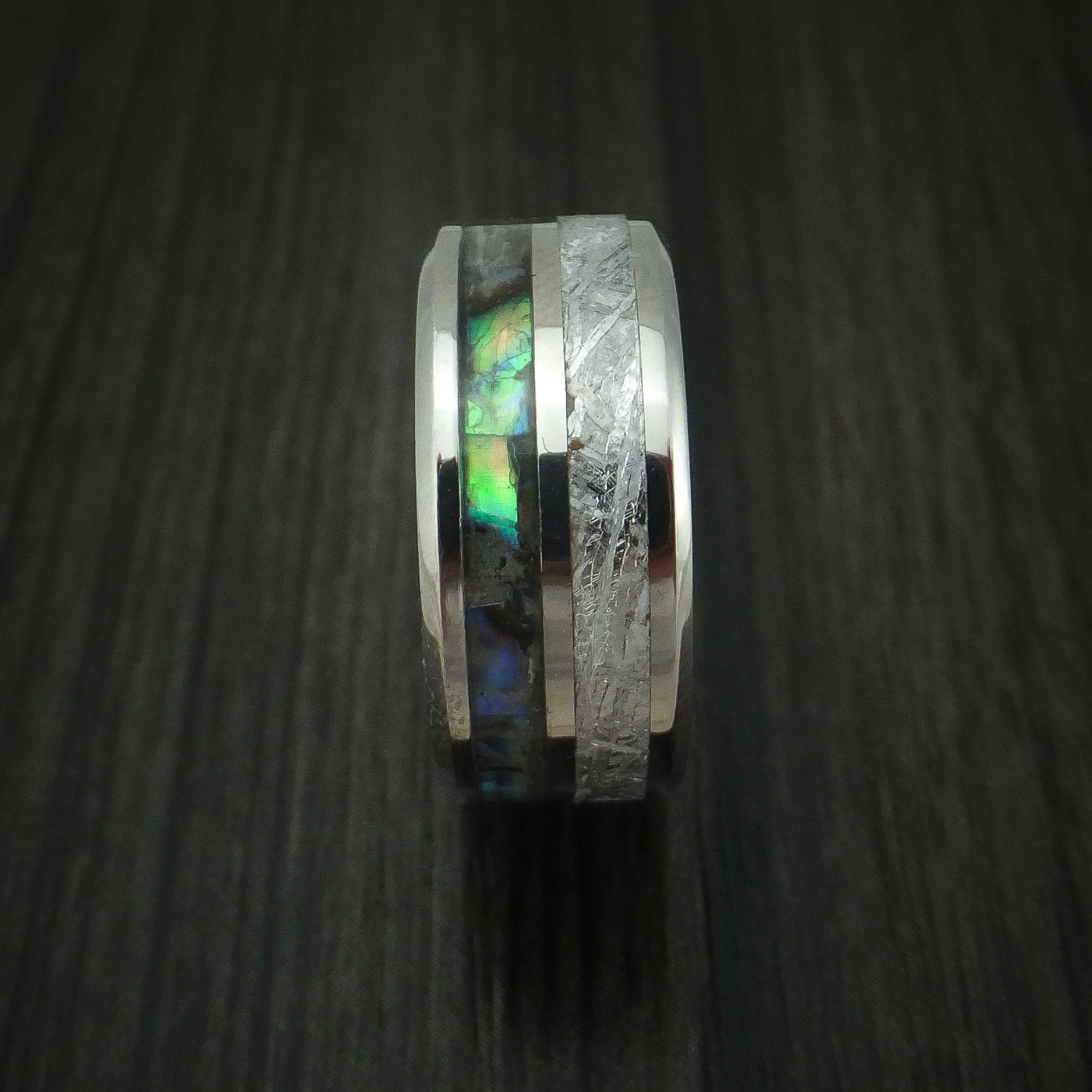 Titanium Men's Ring with Meteorite and Abalone Custom Made Band - Image 3