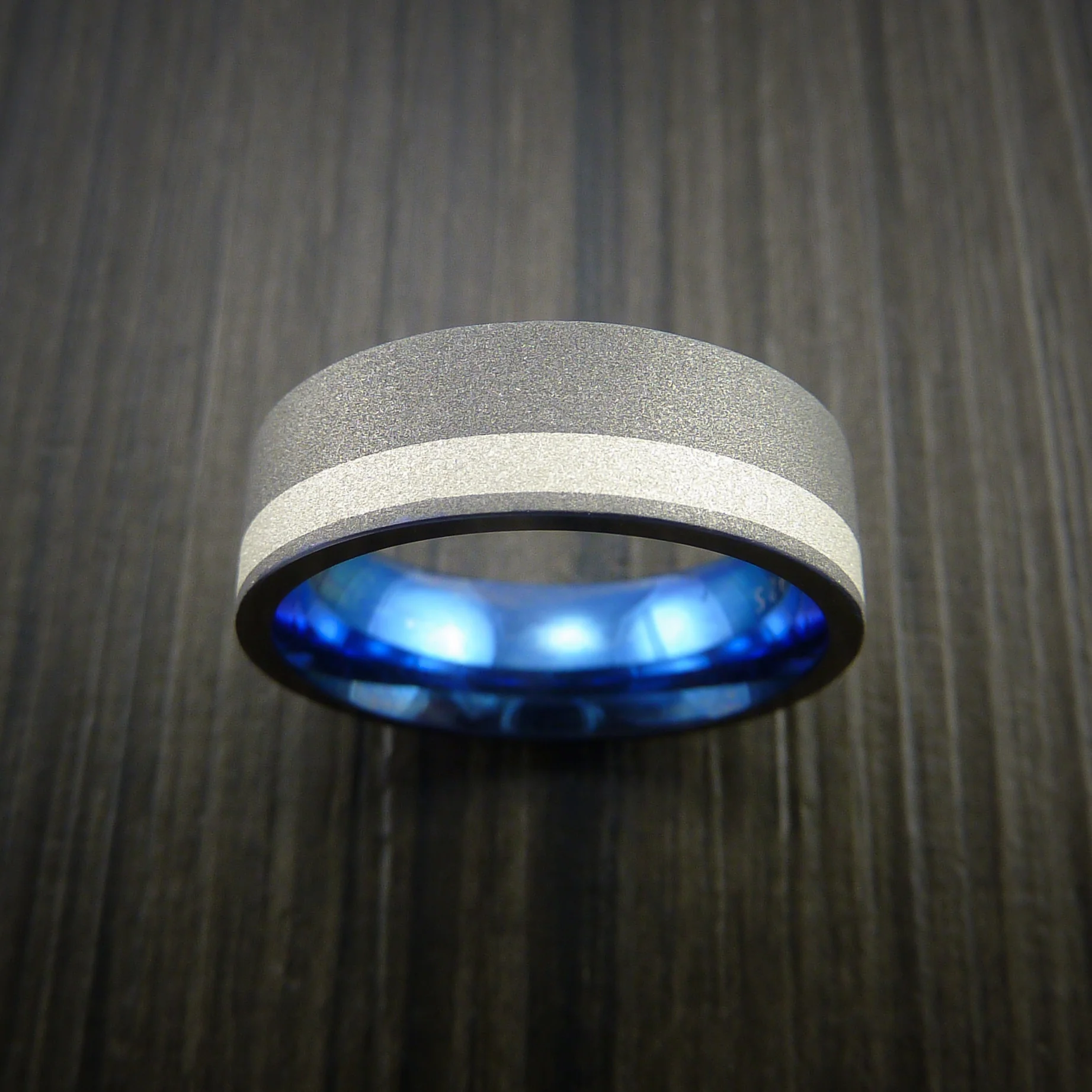 Titanium Men's Ring with Silver Inlay Wedding Band Anodized Blue Inside - Image 3