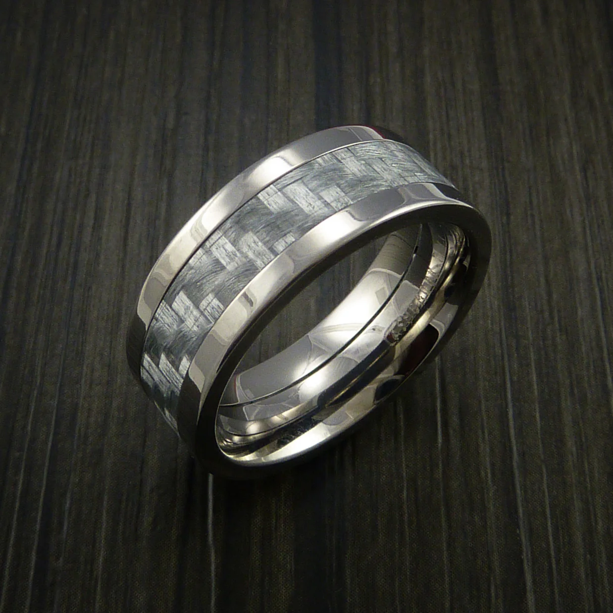 Titanium Men's Ring with Silver Texalium Carbon Fiber Inlay Custom Made Wedding Band - Image 3