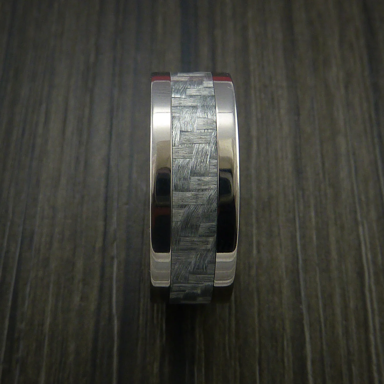 Titanium Men's Ring with Silver Texalium Carbon Fiber Inlay Custom Made Wedding Band - Image 4