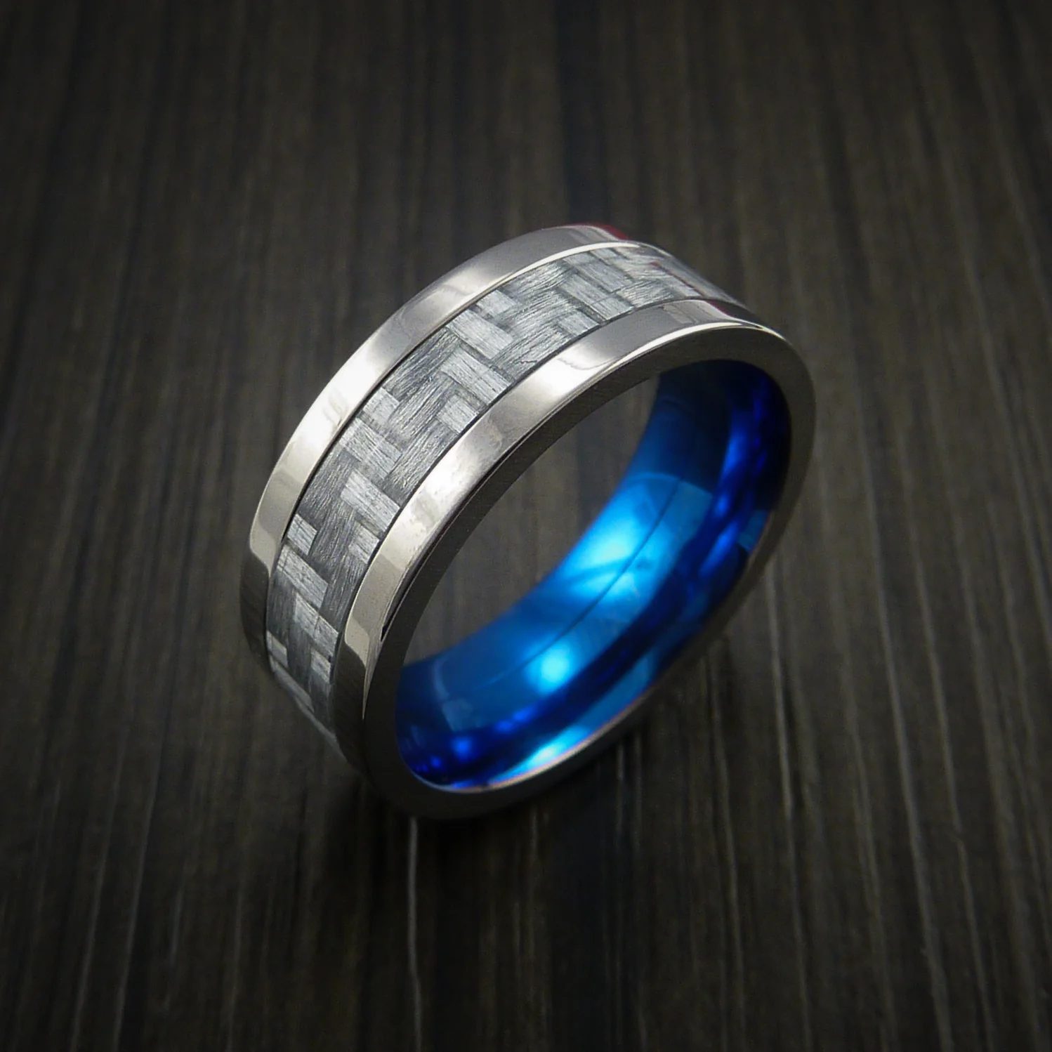 Titanium Men's Ring with Silver Texalium Carbon Fiber Inlay and Anodized Sleeve Custom Made Wedding Band - Image 4