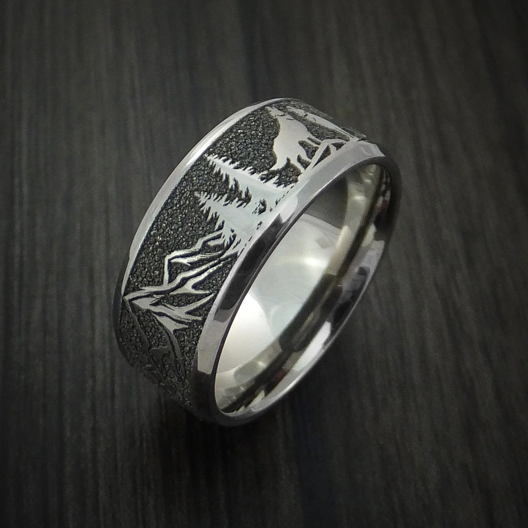 Titanium Men's Ring with Wolf and Mountain Pattern Hunter Band Custom Made - Image 3