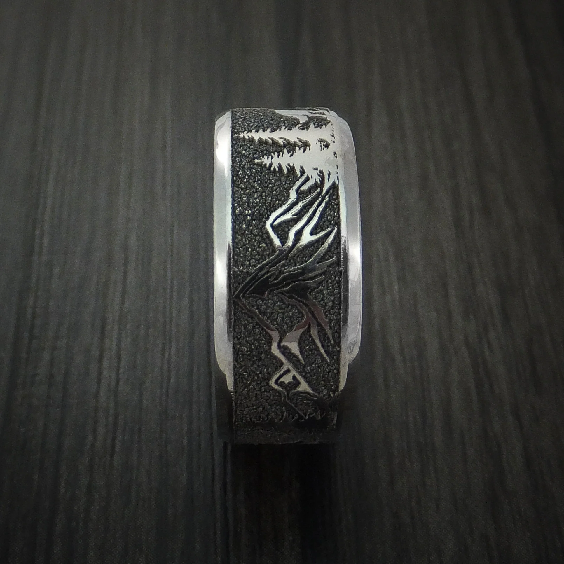 Titanium Men's Ring with Wolf and Mountain Pattern Hunter Band Custom Made - Image 4