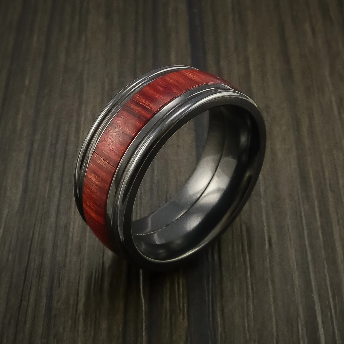 Black Zirconium ring with Wood Inlay Custom Made Wedding Men's Band - Image 3
